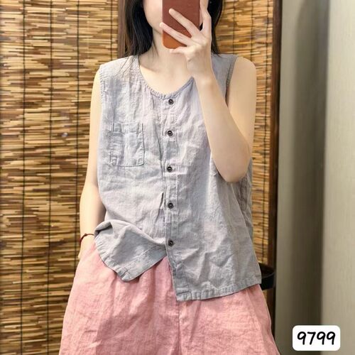 夏季亚麻无袖宽松开衫背心女