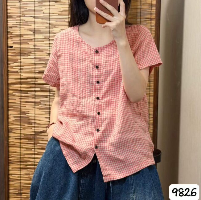 纯亚麻复古格纹宽松短袖衬衫女
