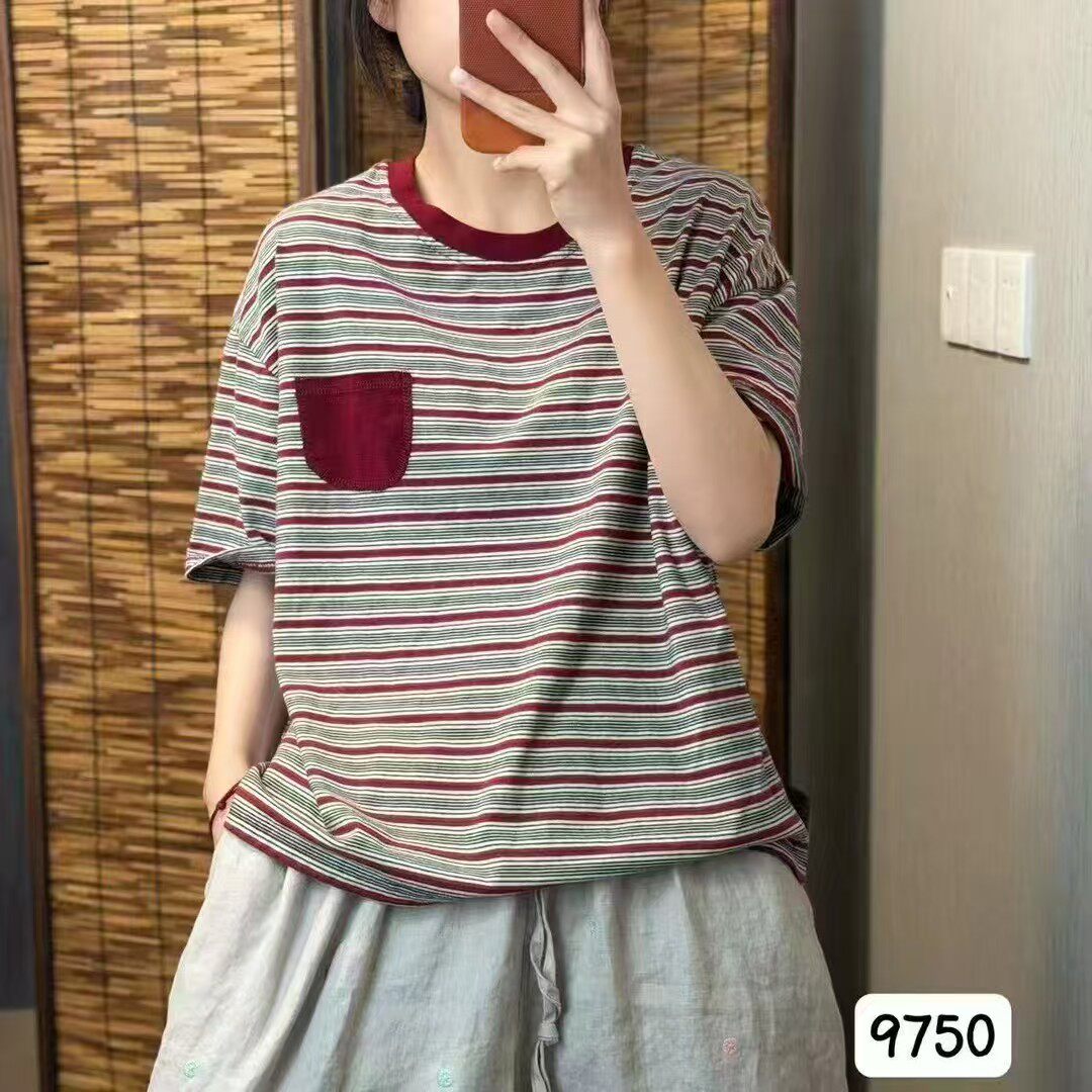 夏季纯棉条纹短袖宽松显瘦T恤