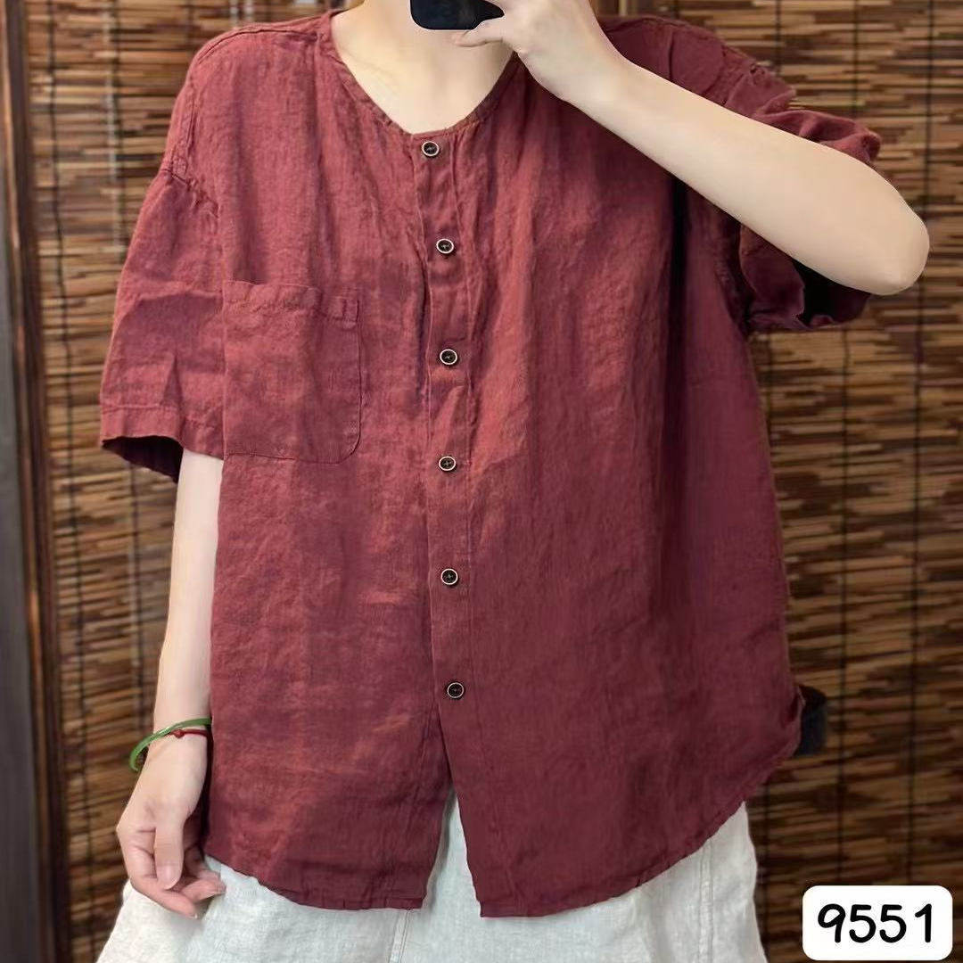 9551-夏季新款纯亚麻开衫纯色文艺衬衫100麻纯亚麻开衫短袖显瘦女