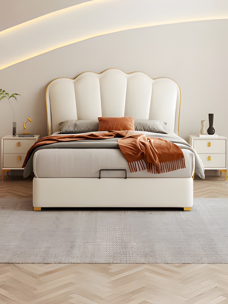 奶油风法式花瓣床轻奢现代简约主卧室小户实木双人软包科技布艺床