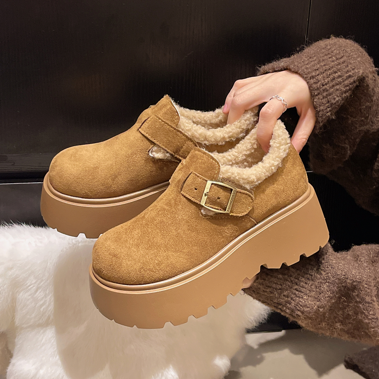 简约勃肯棉鞋女潮2025年冬季爆款一字扣松糕厚底保暖加绒穆勒单鞋