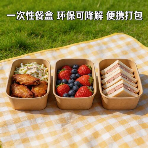 一次性牛皮纸方盒外卖便当快餐盒野餐长方形饭盒环保沙拉打包餐盒