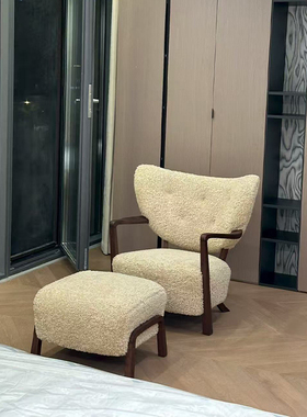中古风伍尔夫休闲椅设计师法式复古民宿客厅实木羊羔绒单人沙发椅