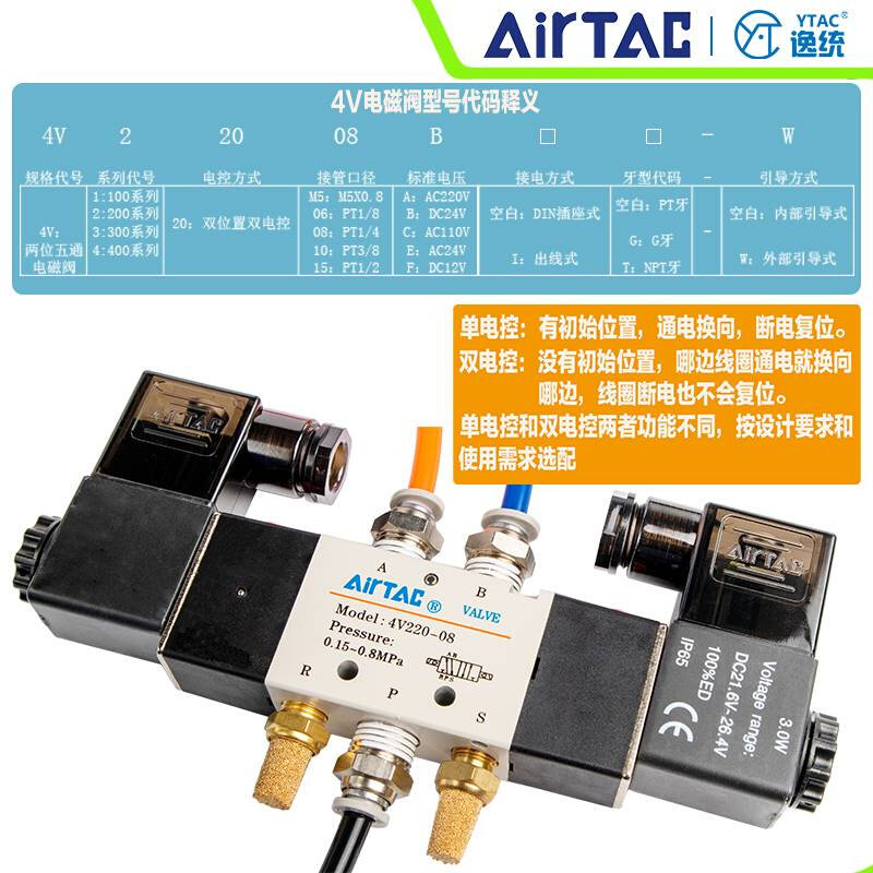 极速新新亚德客二位五通双电控电磁阀4V22012H0320420060810换向