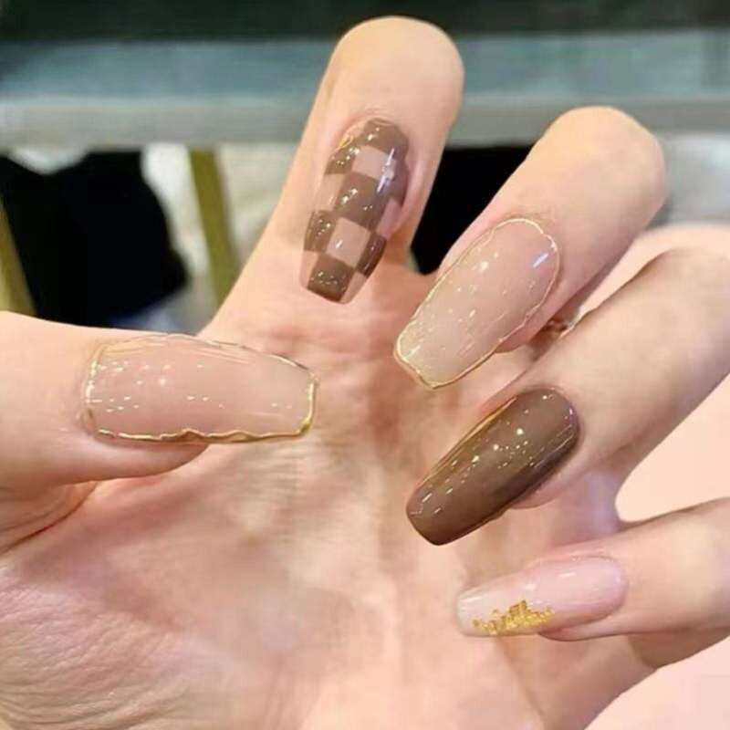 棋盘格穿戴式美甲贴片ins风高级感法式假指甲款式小众甲片中长款