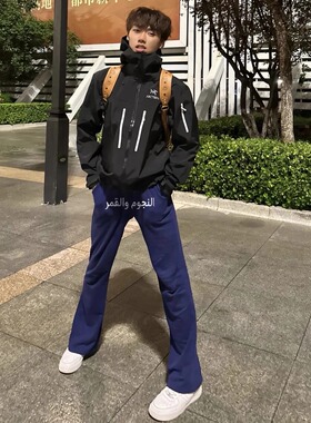 ZLAYCO阿拉伯文刺绣藏蓝微喇男女显瘦美式运动百搭长裤卫裤