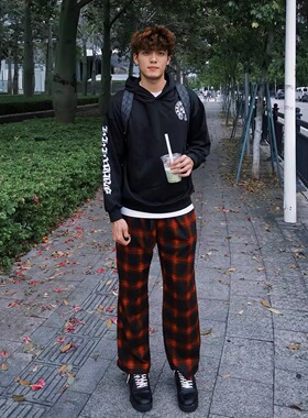 ZLAYCO美式红色格子条纹直筒中腰系带百搭宽松卫裤微弹长裤休闲裤