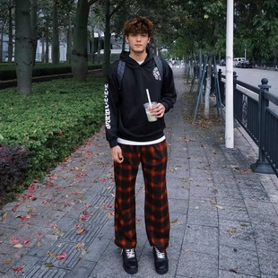 ZLAYCO美式红色格子条纹直筒中腰系带百搭宽松卫裤微弹长裤休闲裤