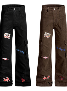 ZLAYCO美式复古贴图印花多口袋工装微喇牛仔裤男女高街vibe长裤