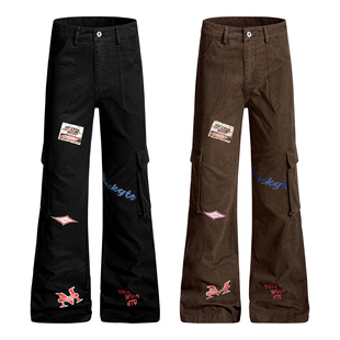 ZLAYCO美式复古贴图印花多口袋工装微喇牛仔裤男女高街vibe长裤