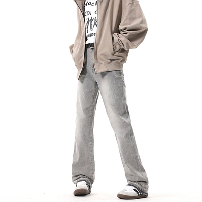 ZLAYCO 国潮复古做旧毛边雾霾灰直筒牛仔裤男女街头宽松百搭长裤