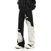 ZLAYCO美式 微喇显瘦设计感长裤 高街黑白拼接直筒裤 男女破坏休闲裤