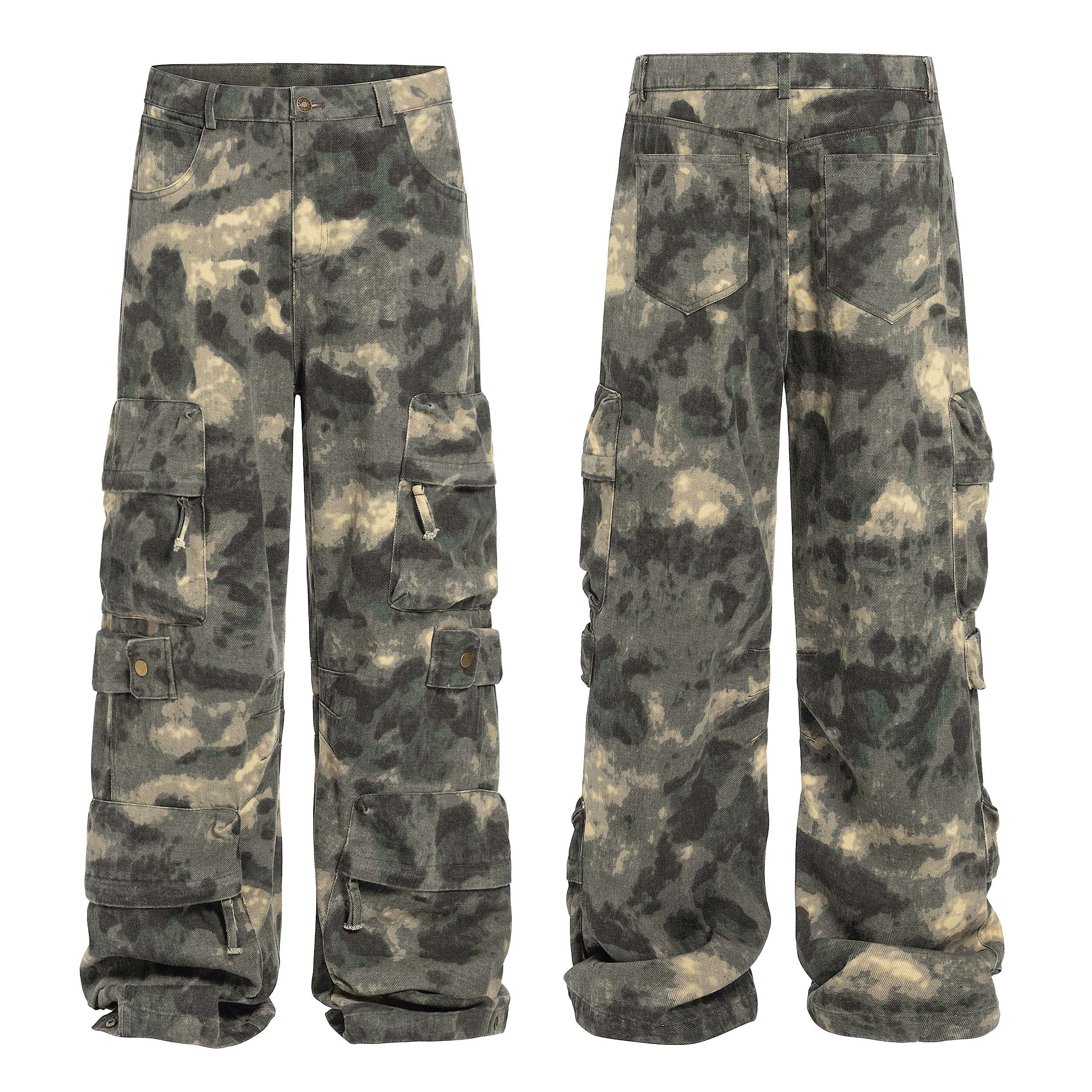 ZLAYCO美式复古迷雾蔓延多口袋晕染迷彩裤男女宽松直筒休闲工装裤