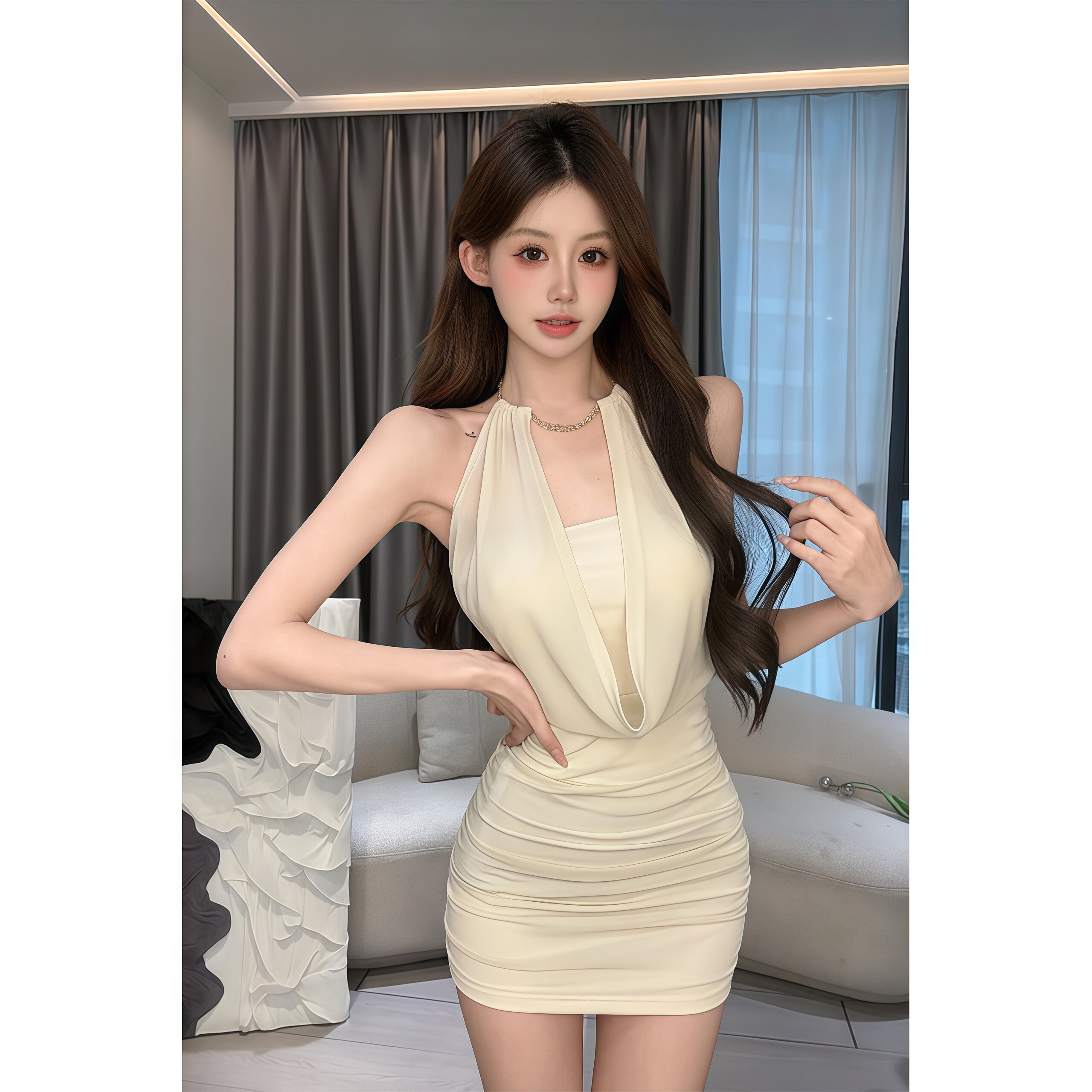 纯欲辣妹气质褶皱垂折领链条挂颈洋装女夏季新款收腰凸显身材短裙