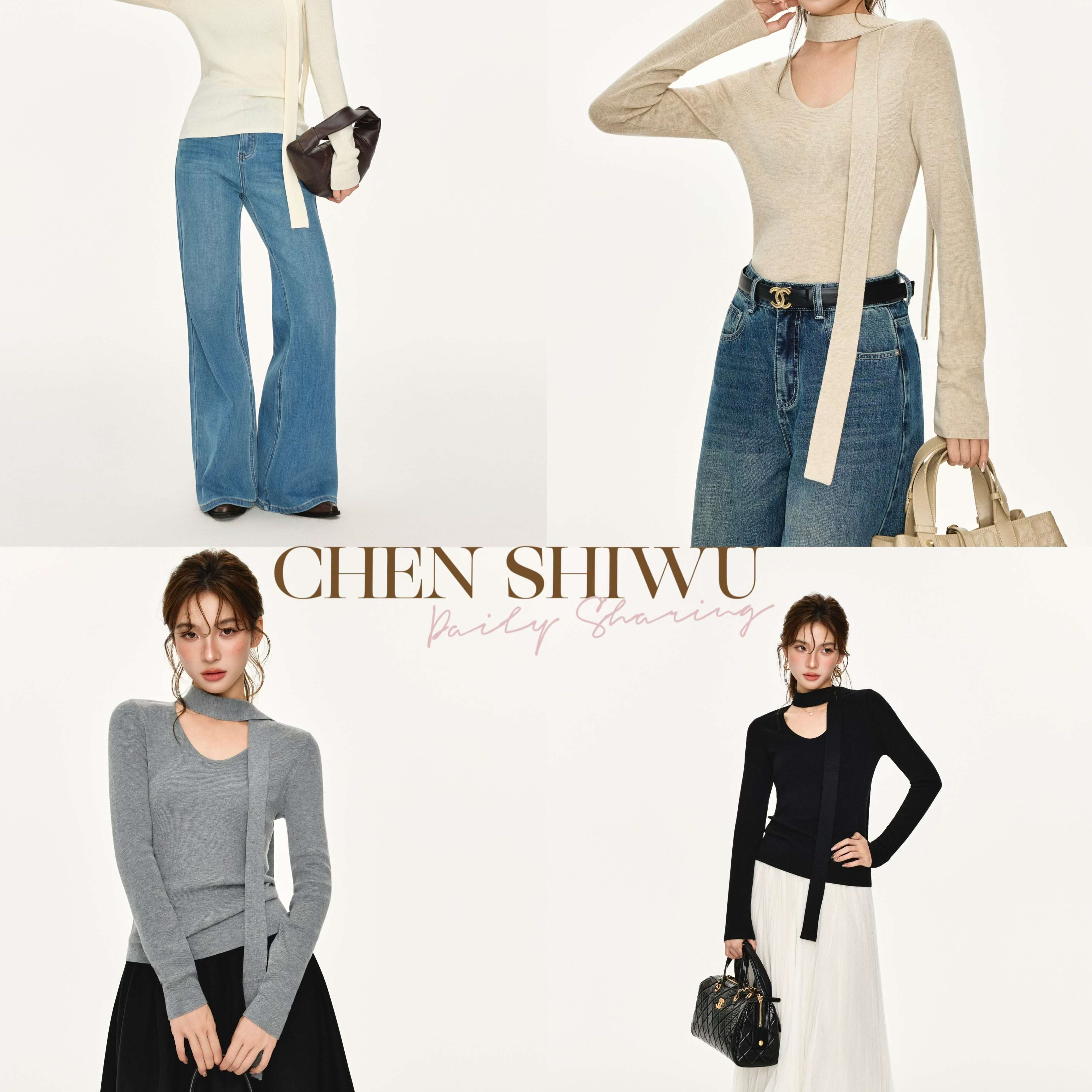 陈十五25秋冬【秋之梦】多色长系带小V领修身针织打底衫上衣