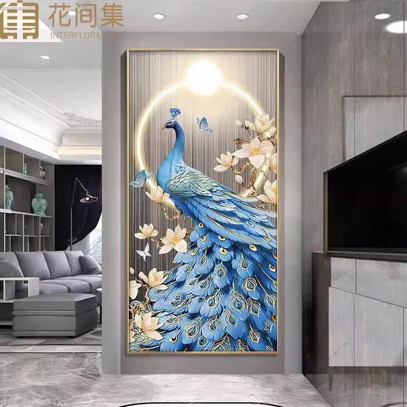 网红孔雀轻奢玄关装饰画现代简约壁画背景墙画走廊过道挂画镶钻晶图片