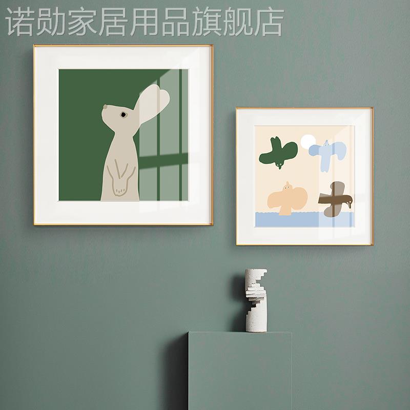 新款动物森林北欧儿童房卧室装饰画卡通绿色兔子卡纸相框画墙壁画