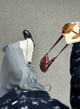 SourceWithU 庄园少女 50羊毛蕾丝系带半裙遮肉长款灰色伞裙秋冬