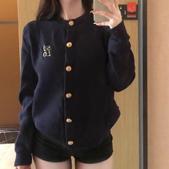 SOLOTARIO设计感金扣藏青色毛衣开衫女春秋慵懒学院风针织短外套