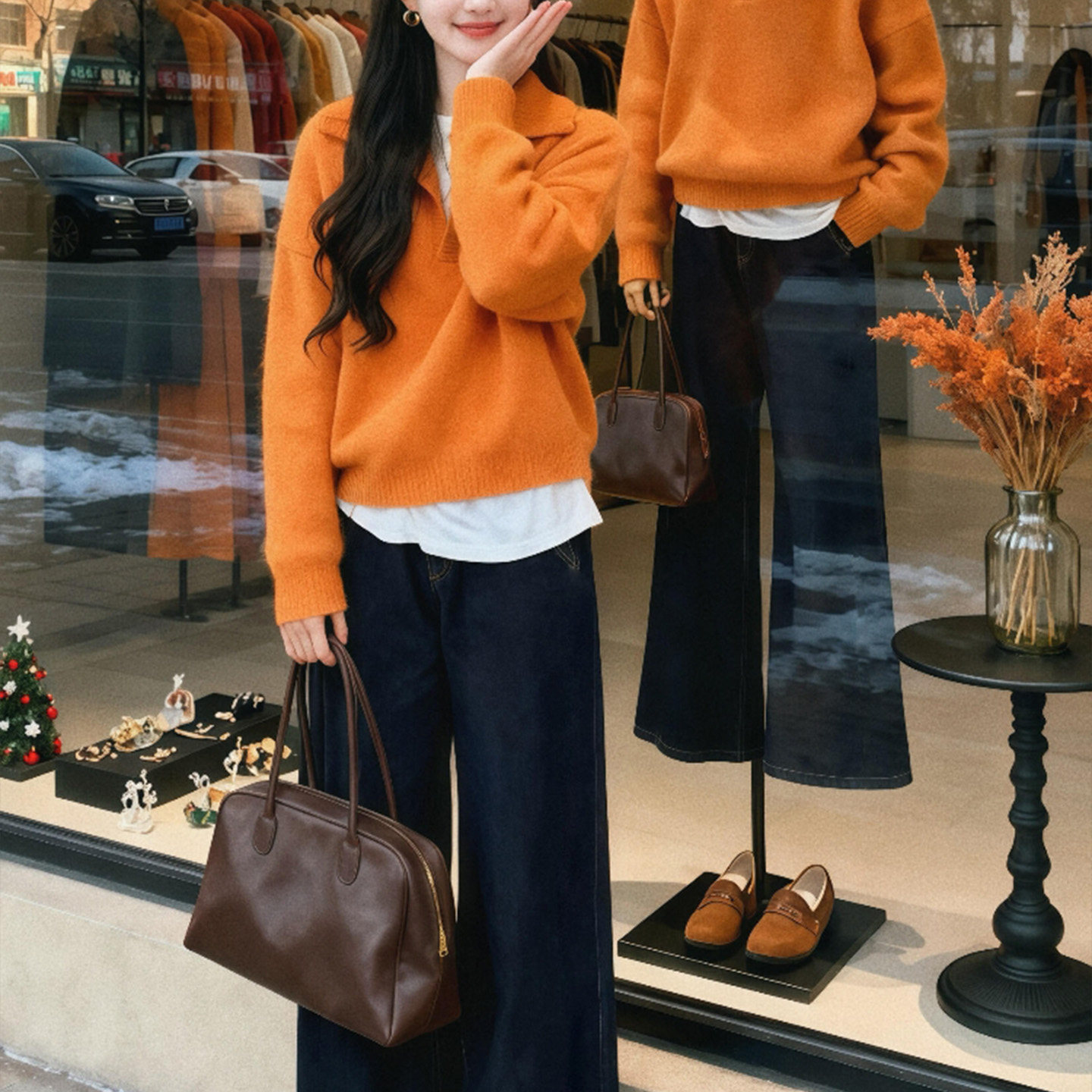 2025冬季翻领打底衫针织衣牛仔裤