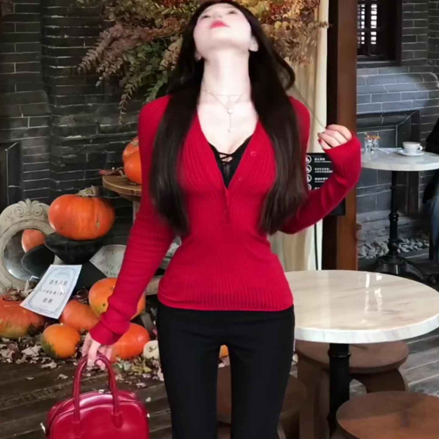 V领针织打底衫女内搭半开扣显瘦