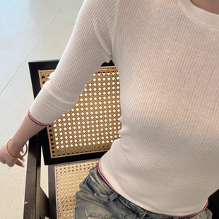条纹撞色羊毛针织上衣2025早秋新款 女 软糯亲肤内搭修身 显瘦T恤衫