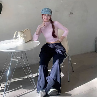 美式 正肩体恤针织小上衣 辣妹粉色t恤女简约基础半高领修身 七分袖