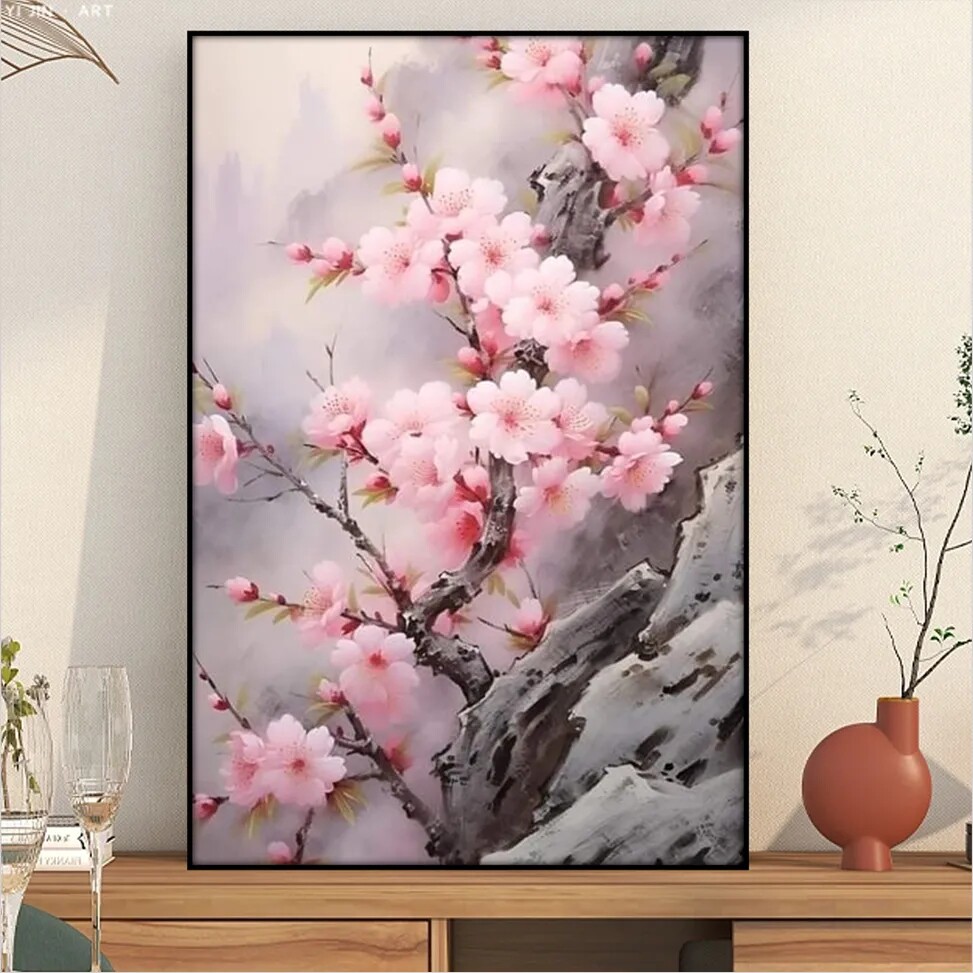 高颜值自然风景中式画桃花朵朵开diy数字油画手绘填色客厅油彩画