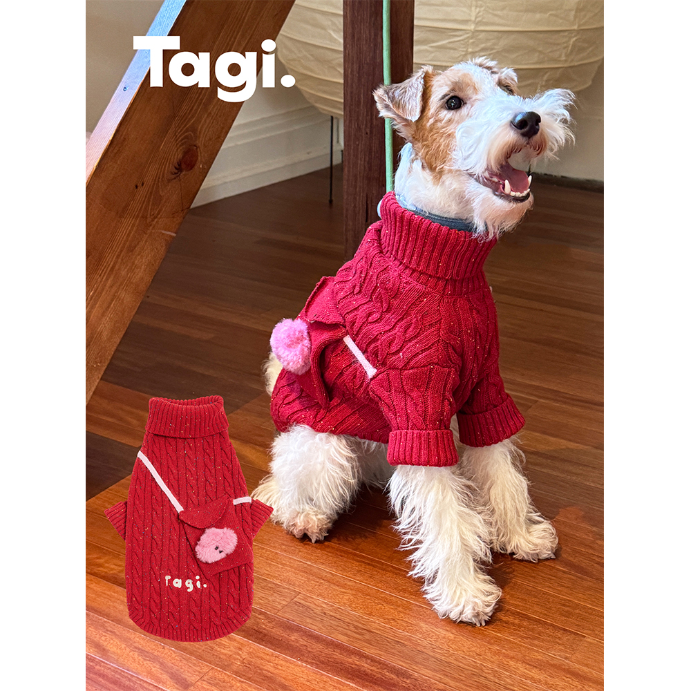 Tagi.毛衣刺绣秋冬红色宠物针织