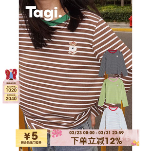 长袖 Tagi.爆米花基础百搭条纹拼色 棉质圆领衫