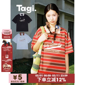 Tagi.想象宽松条纹印花短袖 复古休闲上衣棉质落肩polo衫