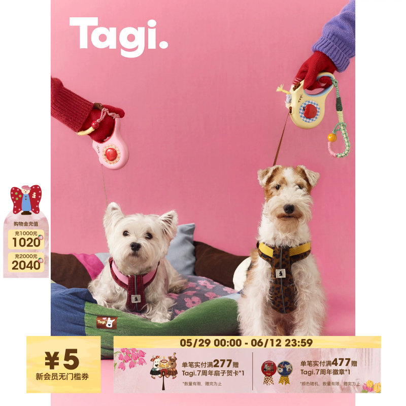 Tagi.《机灵背带裤》宠物格纹胸背想象苹果宠物牵引绳腕带挂绳