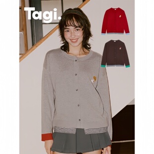 Tagi.爆米花刺绣格纹拼接毛衣针织开衫 外套上衣保暖薄外套