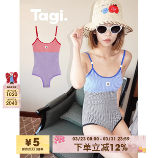 Tagi. 串珠复古拼色度假连体泳衣度假吊带泳衣 机灵果实