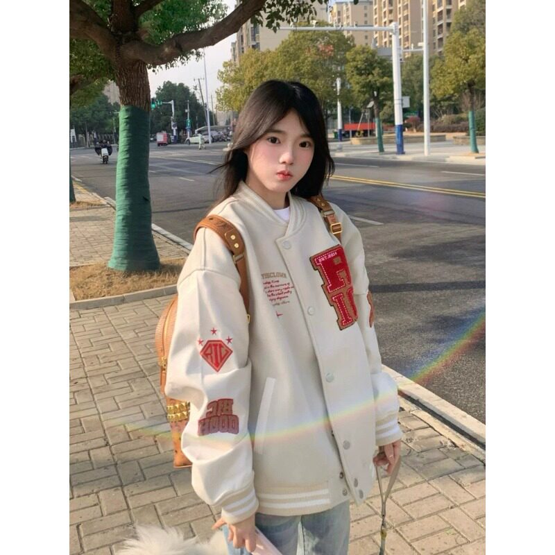 美式复古刺绣棒球服外套女秋季韩系宽松百搭oversizs夹克学生外套
