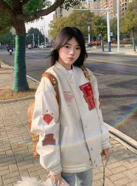 美式复古刺绣棒球服外套女秋季韩系宽松百搭oversizs夹克学生外套