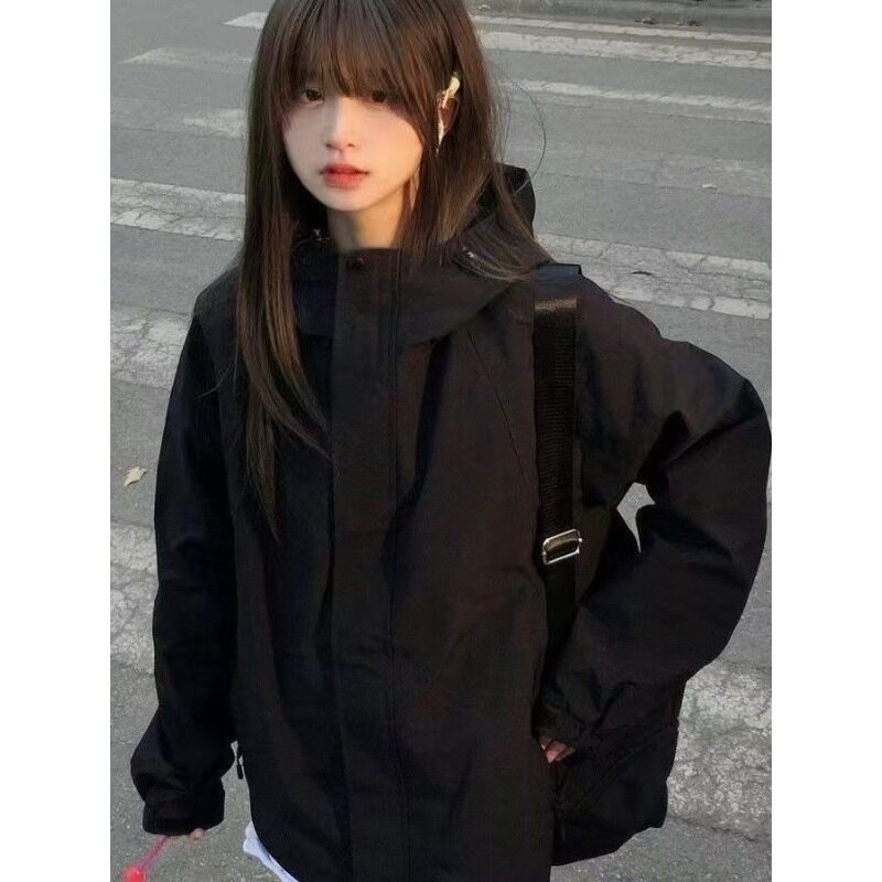黑色美式冲锋衣外套女春秋慵懒风户外骑行宽松休闲工装夹克短外套