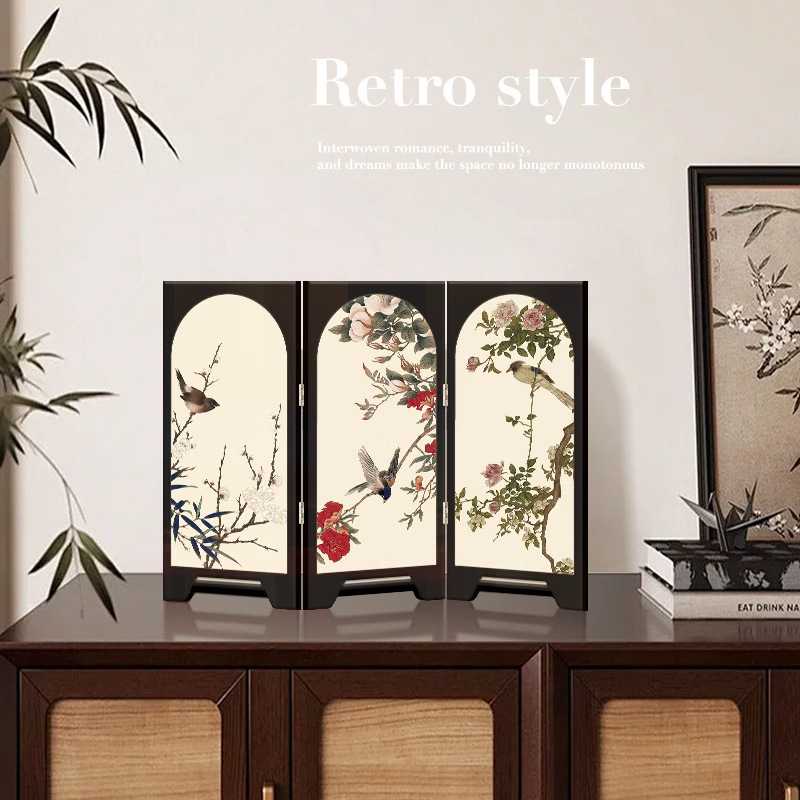 中古风花鸟墨竹折叠屏风桌面摆件新中式茶桌客厅餐边柜斗柜小摆画