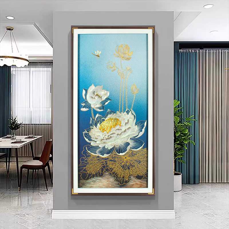 新中式玄关装饰画织锦绣荷花挂画高档山水画刺绣走廊入户过道壁画