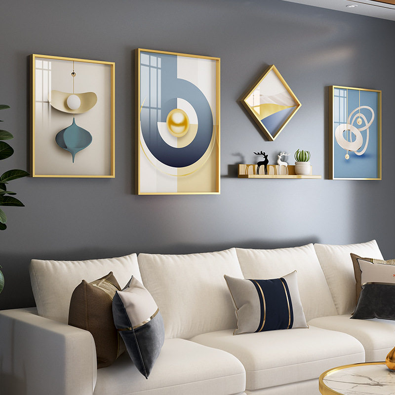 新中式客厅长款4框晶瓷抽象几何铝合金装饰画置物架组合金属画框