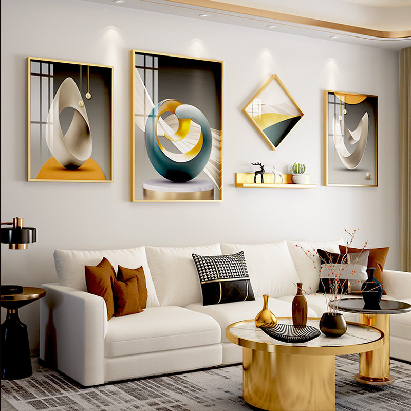 新中式客厅长款4框晶瓷光影几何铝合金装饰画置物架组合金属画框