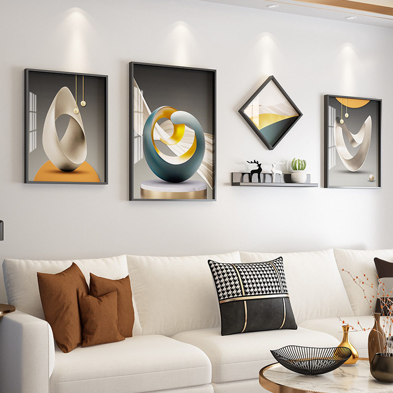 新中式客厅4框晶瓷光影几何PS金装饰画置物架组合金属画框