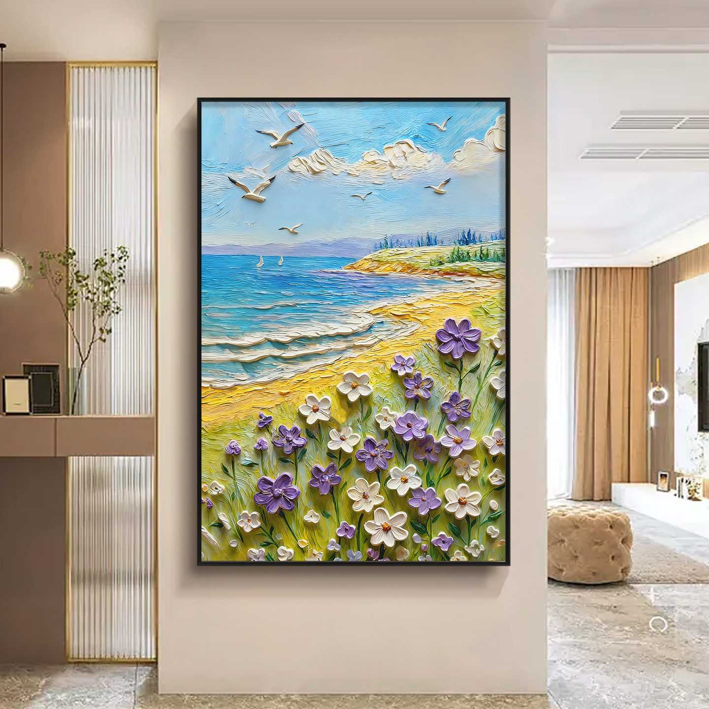 大芬村手绘肌理油画奶油风海浪客厅装饰画手工立体风景竖版挂画