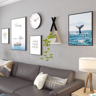 现代简约装饰画风景画组合配钟表客厅沙发背景装饰画框饰品