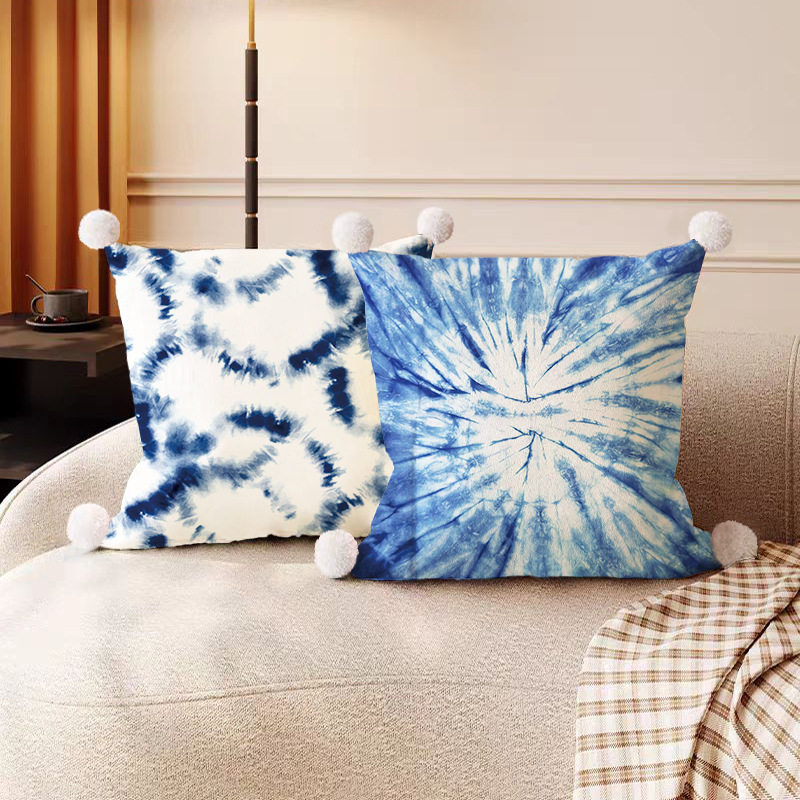 轻奢风小清新蓝色系抱枕靠垫文艺棉麻扎染图案客栈装饰民宿靠枕套