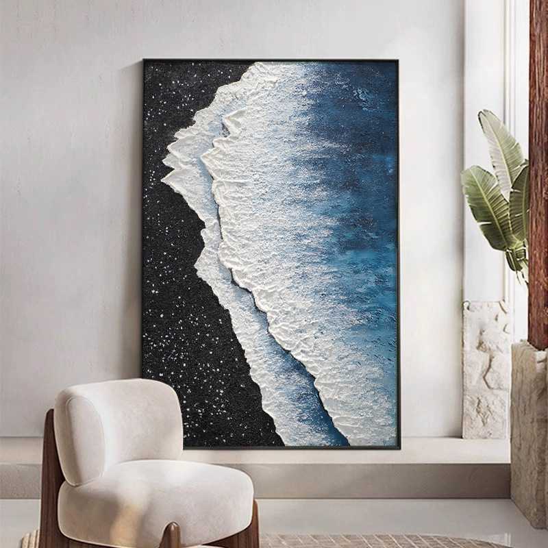 手绘油画海浪立体肌理客厅装饰画
