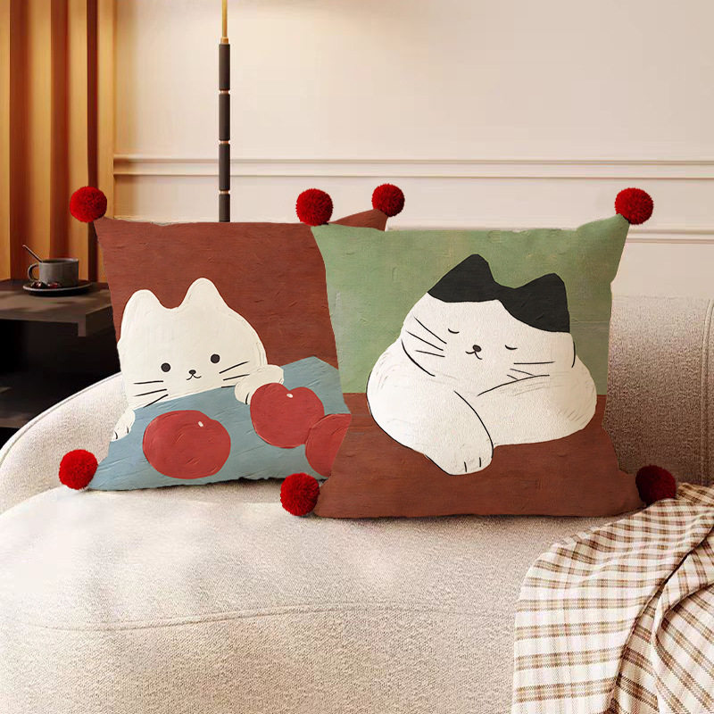 北欧猫猫时光欧式现代简约抱枕沙发客厅样板间绒面腰枕套靠枕靠垫