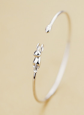 韩版韩式森系猫咪手镯女简约创意素银攀爬猫手镯开口手环饰品