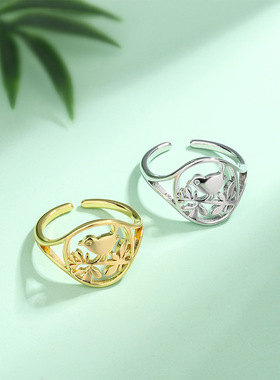 新品跨境热销时尚简约镂空枝头小鸟戒指小众设计个性开口指环女